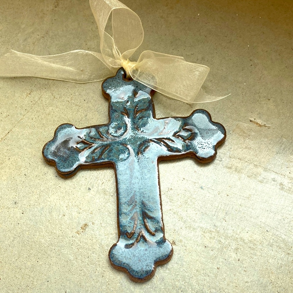 Artisan glazed and patterned Cross Ornament with Ribbon signed by artist